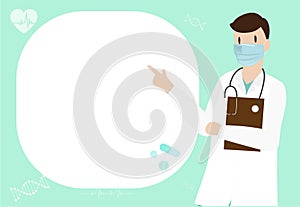 Young medical doctor with Surgery Mask with speaking bubble. Vector illustration background. Health Care Concept Design