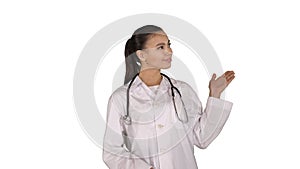 Young medical doctor woman presenting and showing product or tex