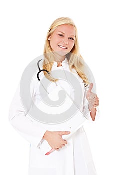 Young medical professional showing thumbs up