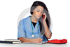 Young medical student with a phone