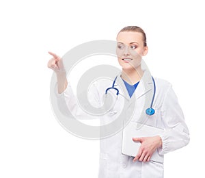 Young medical worker clicking on an imaginary display.