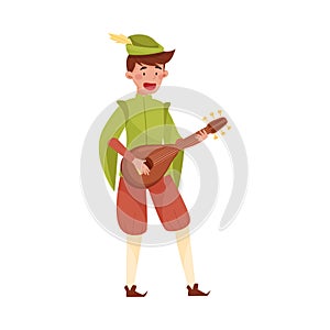 Young Medieval Bard or Minstrel Playing Musical Instrument Vector Illustration