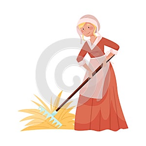 Young Medieval Female Peasant Carrying Hay with Rake Vector Illustration