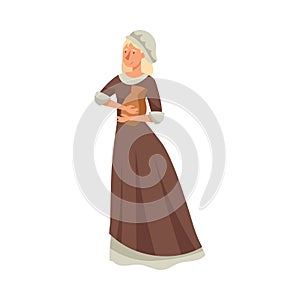 Young Medieval Female Peasant Carrying Jar of Milk Vector Illustration