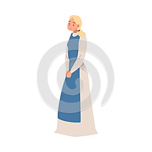 Young Medieval Female Peasant Wearing Long Dress with Apron Vector Illustration