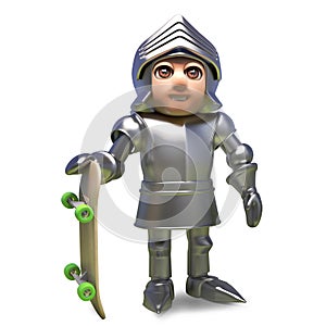 Young medieval knight in armour standing with his skateboard, 3d illustration