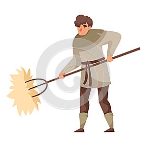 Young Medieval Male Peasant Carrying Hay with Rake Vector Illustration