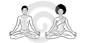 Young meditating man and woman in lotus pose isolated on white background. Black African American yogis. Vector illustration photo