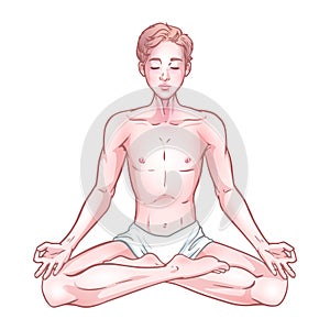 Young meditating yogi man in lotus pose isolated on white background. Vector illustration