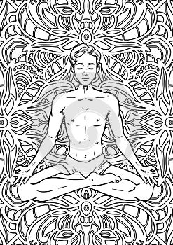 Young meditating yogi man in lotus pose on mandala background. Adult coloring book page. Vector illustration