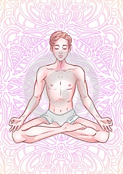 Young meditating yogi man in lotus pose on mandala background. Vector illustration