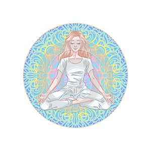 Young meditating yogi woman in lotus pose isolated on colorful mandala background. Vector illustration