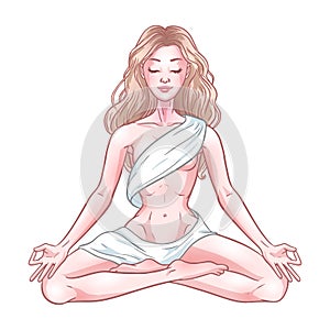 Young meditating yogi woman in lotus pose isolated on white background. Vector illustration