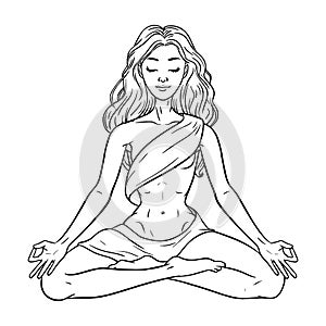 Young meditating yogi woman in lotus pose isolated on white background. Vector illustration