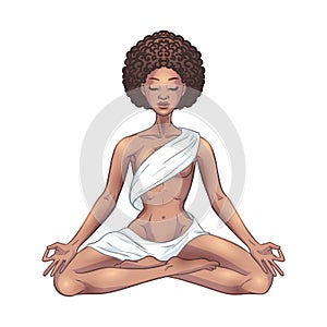 Young meditating yogi woman in lotus pose isolated on white. Beautiful black African American girl. Vector illustration