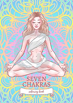 Young meditating yogi woman in lotus pose on mandala background. Adult coloring book title page design. Vector illustration