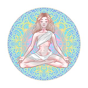 Young meditating yogi woman in lotus pose on mandala background. Vector illustration