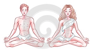 Young meditating yogis man and woman in lotus pose isolated on white background. Vector illustration photo