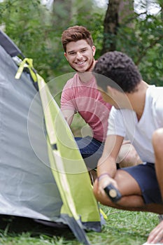 young men camping together