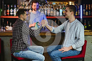 Young men in casual clothes are talking, laughing and drinking while sitting at bar counter in pub