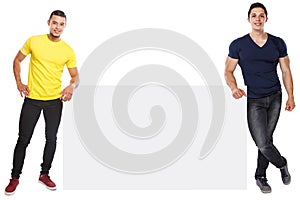 Young men copyspace marketing ad advert empty blank sign isolated on white