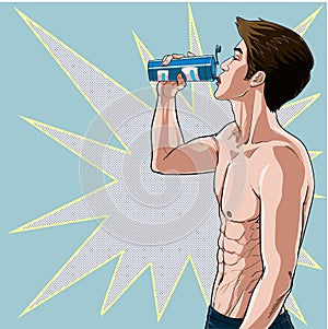 Young men drink water after exercise Illustration vector On pop art comic style Dot colorful background