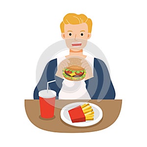 Young men eating hamburger with french fries, and soda. Unhealthy foods concept.