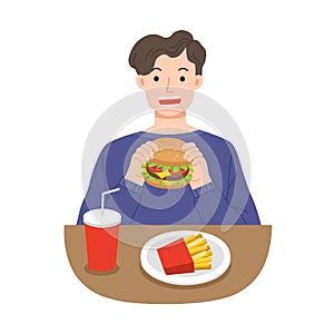 Young men eating hamburger with french fries, and soda. Unhealthy foods concept.
