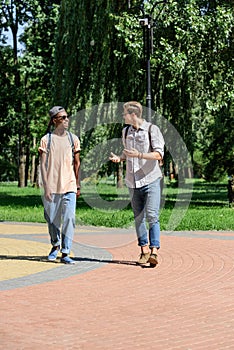 Young men having conversation while walking in park