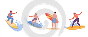 Young men riding surfboards. Active male characters set in swimwear surfing ocean wave on summer holidays. Sport