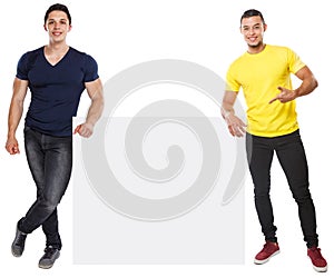 Young men showing pointing copyspace marketing ad advert empty blank sign isolated on white