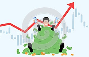 Young men sit in big pile of money hold smartphone,Trading stocks market get profit, investing concepts, Candlestick graph buy and