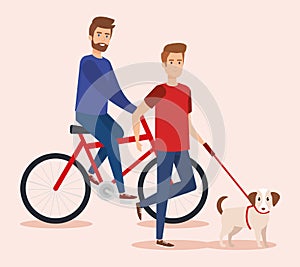 young men walking with dog and bicycle