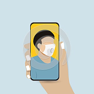 A young men wears medical mask takes a selfie and holds smartphone in his hand. Coronavirus. Epidemic and pandemic. Vector flat