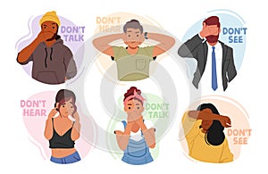 Young Men and Women Characters Closing Eyes, Ears and Mouth Like Three Wise Monkeys from the Saying, Vector Illustration