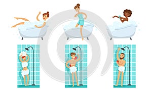 Young Men and Women Taking Shower and Bath in Bathtub in Bathroom Set Vector Illustration