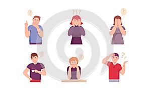 Young men and women thinking with question marks over their heads set. Puzzled and confused people vector illustration