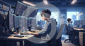 Young men are working at a technology office, surrounded by multiple computer