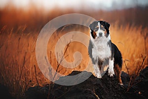 Young merle Australian shepherd playing with leaves in autumn