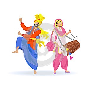 Young merry Indian Sikh couple, man in turban dancing bhangra dance and woman playing dhol drum during festival Lohri or party