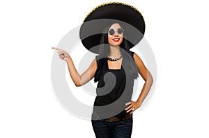 The young mexican woman wearing sombrero isolated on white