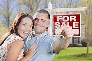 Young Military Couple In Front of Home, House Keys, Sign