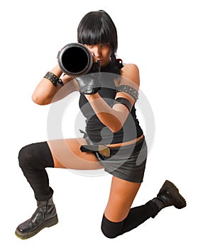Young military female sighting grenade launcher photo