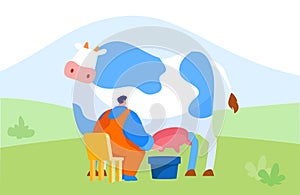 Young Milkmaid Man Character in Uniform Sitting on Chair and Milking Cow into Bucket. Milk and Dairy Farmer photo
