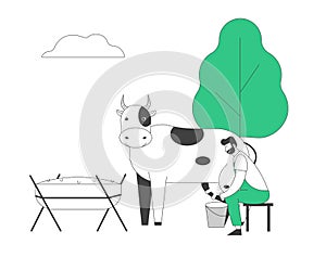 Young Milkmaid Man in Uniform Sitting on Stool Milking Cow to Bucket. Milk and Dairy Farmer Agriculture Products