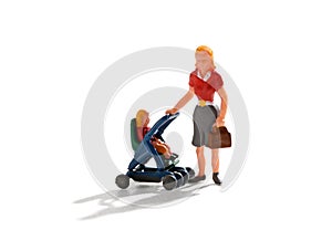 Young miniature mother pushing a stroller