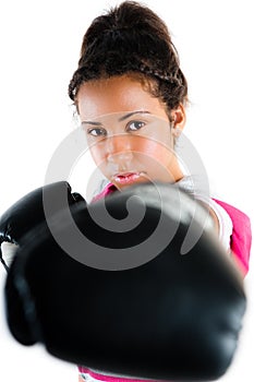 Young mixed race boxing teenager, punch and jab photo