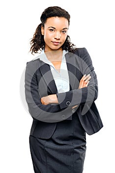 Young mixed race businesswoman with arms folded isolated white b