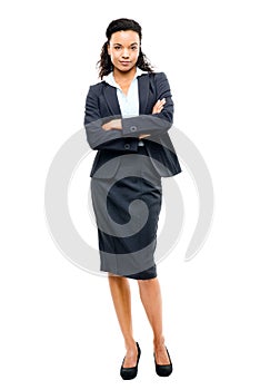 Young mixed race businesswoman with arms folded smiling isolated