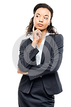 Young mixed race businesswoman thinking isolated on white background